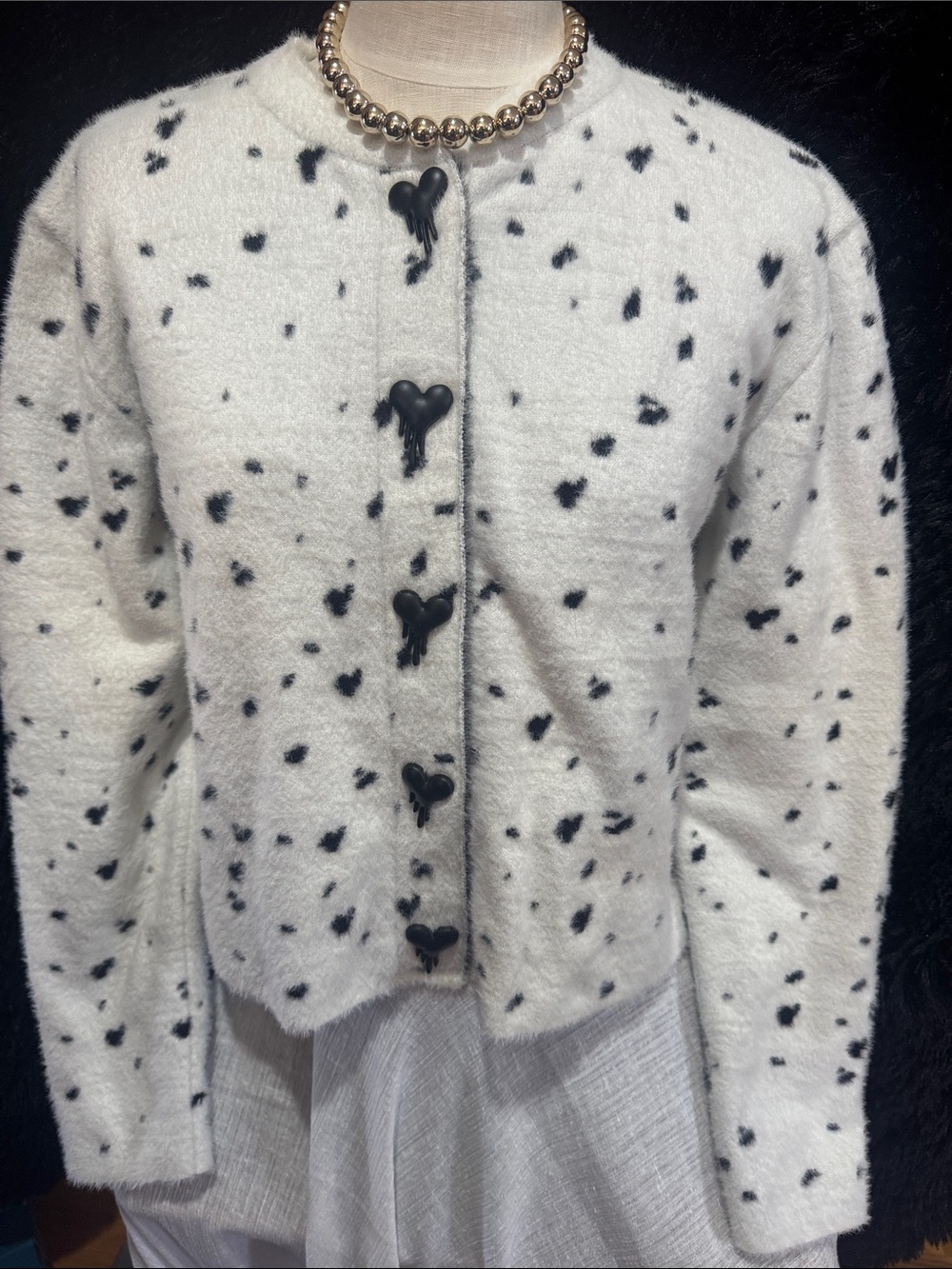 White and Black Nocturne Speckled Heart-Button Cardigan